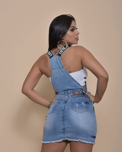 Vestido Jardineira Saia Macacão Jeans Feminina Verão 2019