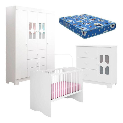 Imagem 1 de 8 de Quarto Bebê New Cristal 4p Berço Alegria Bco Colchão 130x70