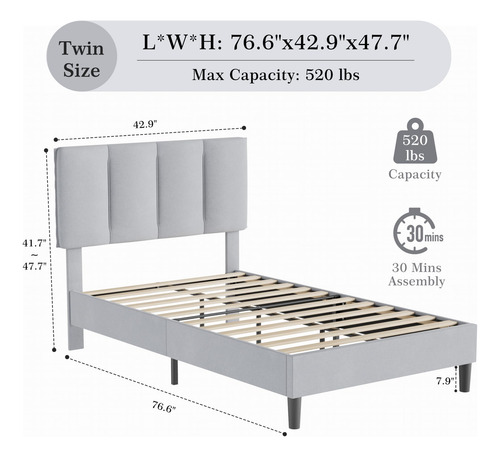Base De Cama Individual Tapizada Resistente Color Gris Claro