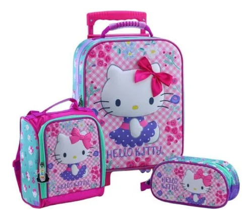 Pack Maleta Ruedas Kitty Lazo + Lonchera + Cartuchera