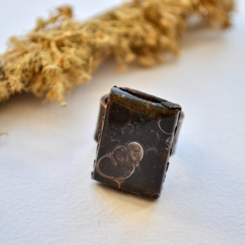 Imagen 5 de 10 de Anillo Grande De Agata Turritela, Cobre, Piedra Natural