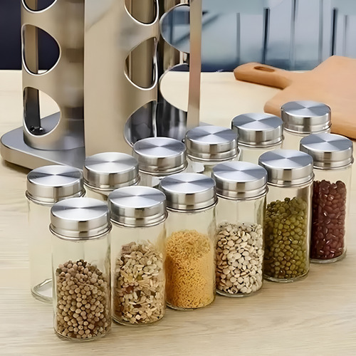 Porta Guarda Temperos E Condimentos Giratório Inox 12 Potes Prateado