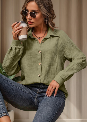 Camisa Con Hombros Caídos Con Botones En La Parte Delantera