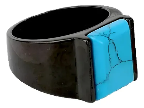 Anel Masculino Luxo Preto Pedra Natural Jade Azul Turquesa