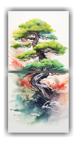 100x50cm Cuadro Decorativo Acuarela Árbol Bonsái Pino Colo