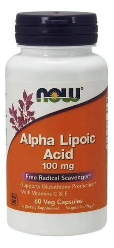 Ácido alfa lipóico 100 mg da Now Foods 60 cápsulas, sabor sem sabor