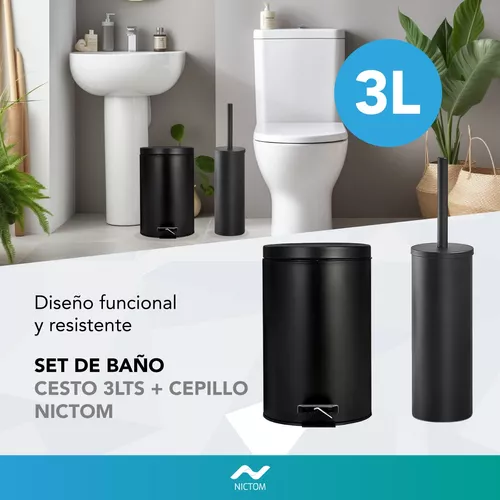 Set Tachos De Basura 3 Lts Y Escobilla Baño Negro Cesto