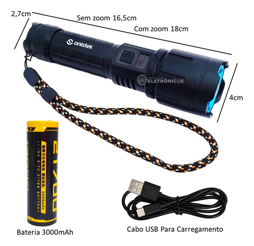 Lanterna Zoom Led Recarregável Com 4 Modos Luz Piscante Ip45