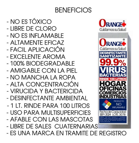 Imagen 4 de 9 de Desinfectante Virucida Bactericida 99.9% Concentrado 1lt.