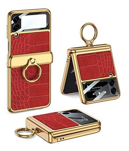 Funda Para Galaxy Z Flip 3 5g Ring Dorado Cuero Rojo Croc