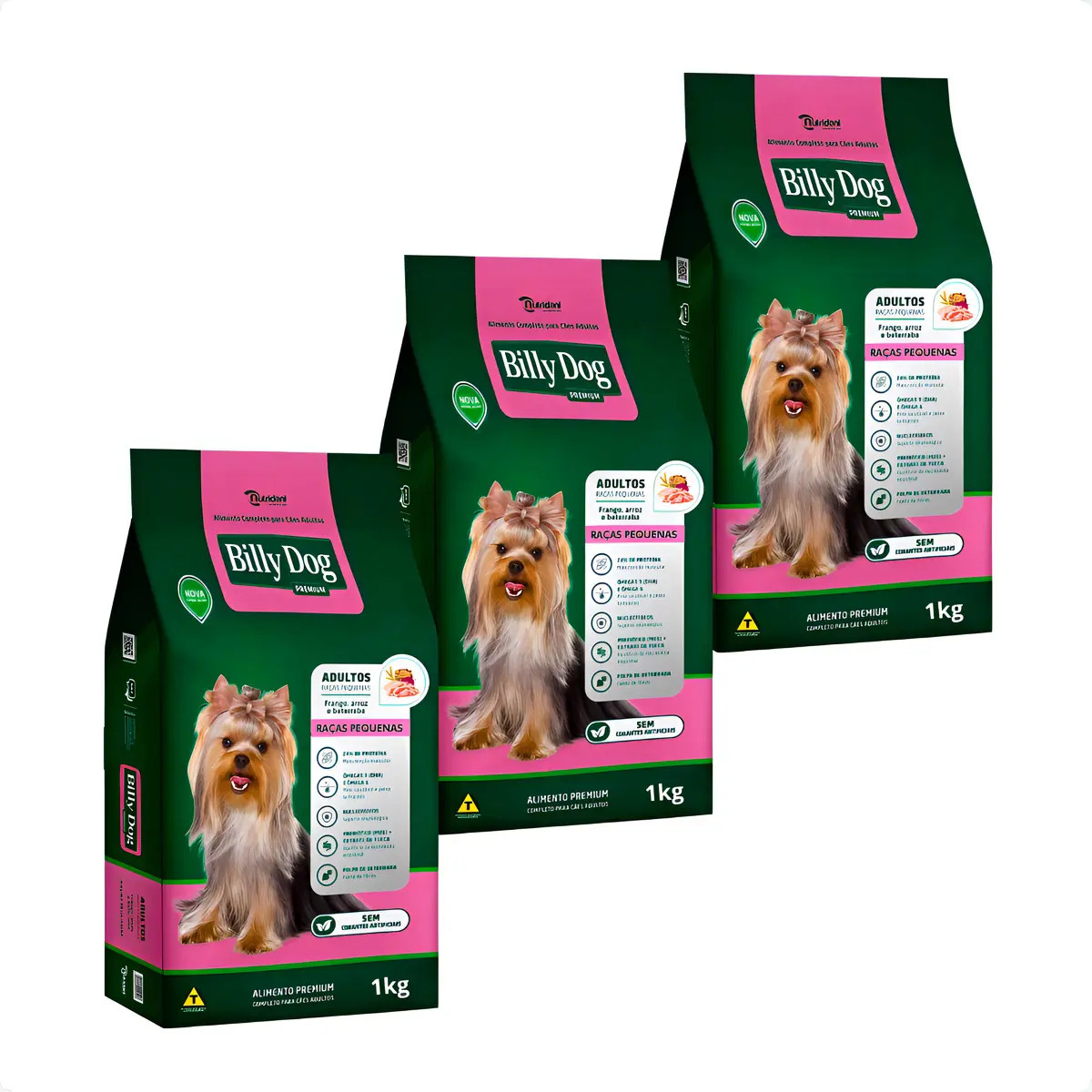 Ração Seca Billy Dog 1kg para Cães Adultos Raças Pequenas Frango e Arroz