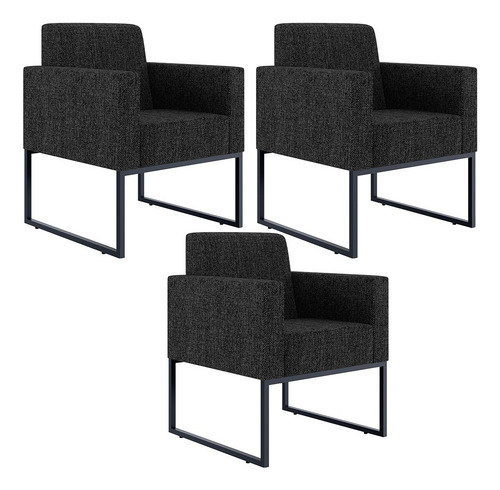 Kit 03 Poltronas Decorativas para Sala Recepção Base Fixa Metal Helô L02 Linho Chumbo