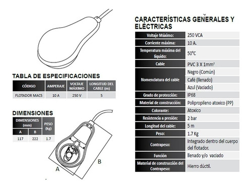 Imagen 2 de 2 de Flotador Pera De Nivel Cable 5 Mts Para Lodos O Aguas Negras