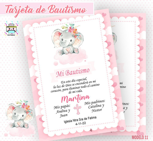 Tarjeta Estampita Bautísmo Imprimi Personalizada Elefantito