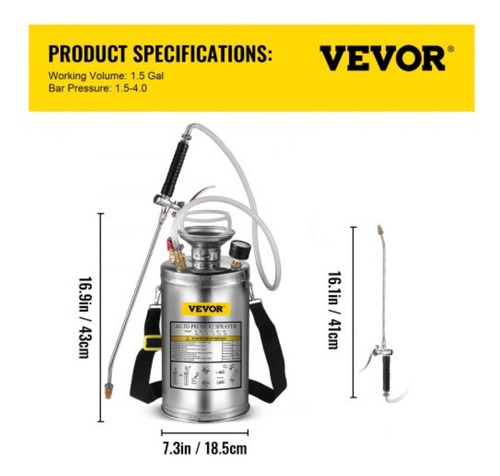 Rociador De Acero Inoxidable De 1.5 Gal Varilla Y Mango 16pu Plateado
