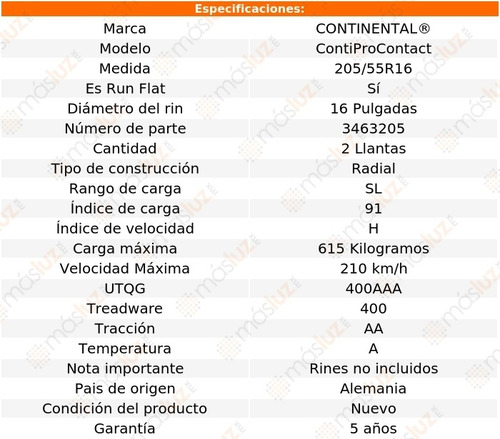 Llantas (2) Conti Contiprocontact 205/55r16 91 H Run Flat