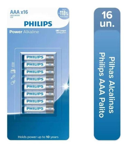 Pilha Philips Alcalina Aaa 1.5v Com 16 Unidades Lr03p16b/59
