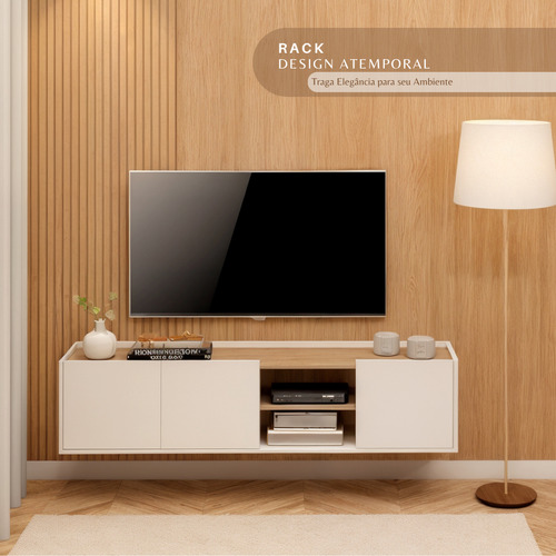Rack Tv Suspenso Ate 55 Polegadas Para Sala Home Multiuso Branco/amadeirado