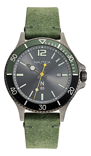 Relógio de pulso Nautica NAPABF919, analógico, para homem, fundo prateado, com pulseira de couro verde musgo e fivela simples
