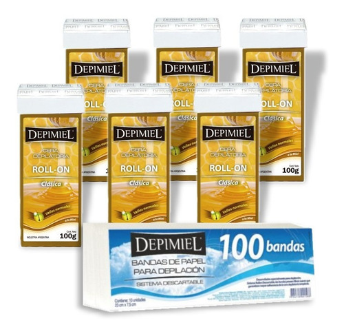 Cera Depilatoria Depimiel Pack 6 Roll On + 100 Bandas Papel