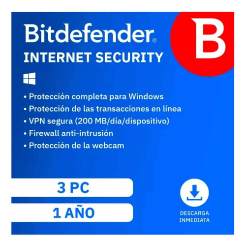 Bitdefender® Internet Security 3 Pc 1 Año