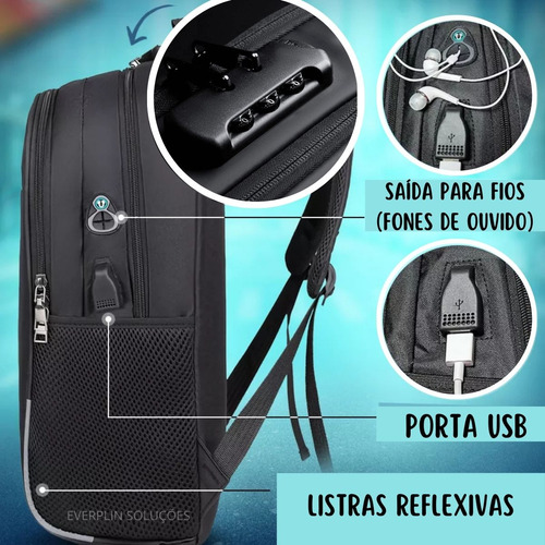 Mochila Anti Furto Notebook Bolsa Com Senha Faculdade Escolar Saída Cabo Aux Usb E Fone Ouvido - Marca Miran