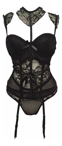 Conjunto De Lencería De Corsé De Malla De Encaje Para Mujer