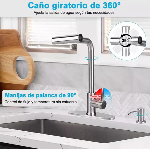 DNBEMN 4 En 1 Llave Mezcladora Fregadero Llave De Agua Cocina,Llaves Para Fregadero,Muebles Para Cocina,Cabezal Cabezal Giratorio De 360 Grados, Agua Caliente y Fría ,Acero Inoxidable, Plateado