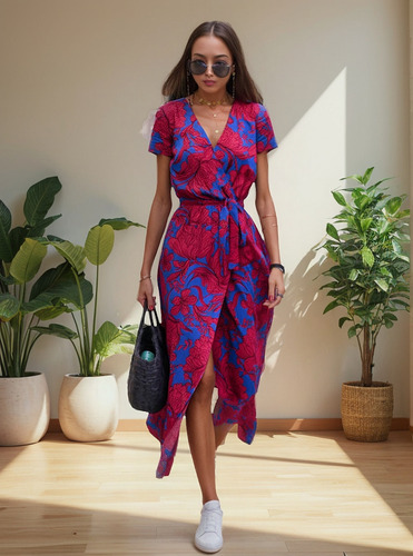 Vestido Midi De Manga Corta Con Cuello En V Y Cintura Anudad