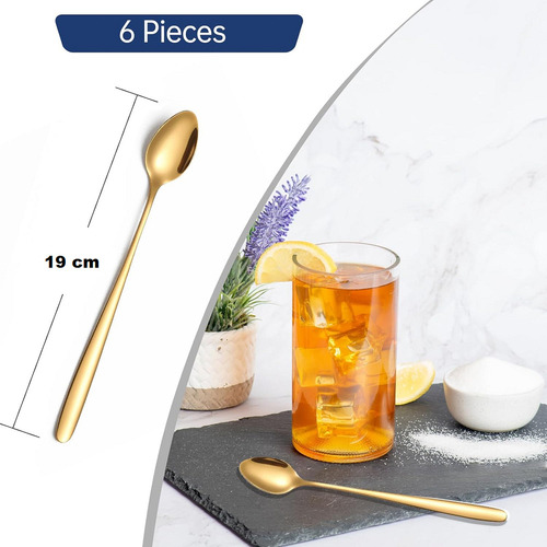 6 Cucharas Mango Largo Para Cafe Te Postres Acero Inoxidable