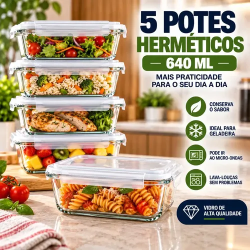 Conjunto 5 Potes Vidro Hermético 640ml Mantimentos Marmita Forno Microondas