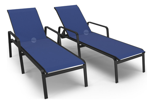 Kit 2 Espreguiçadeiras, 1 Conjunto Ripado 4 Cadeiras, 1 Mesa Lateral Ripado Aluv Móveis Alumínio Preto Tela Azul