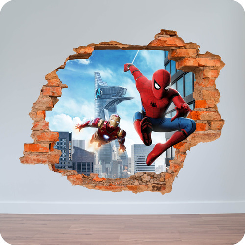 Vinilo 3d Pared Rota Spiderman Ironman 100x100