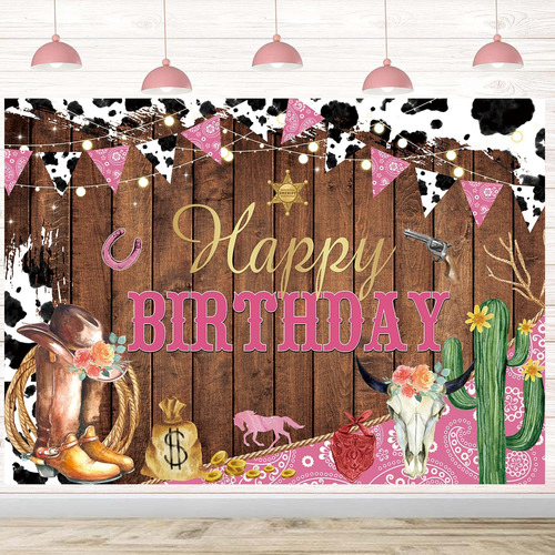 Western Cowgirl Birthdrop Telón De Fondo Estampado Vaca Pink