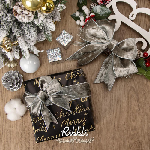 Liston De Terciopelo Alambre Gris Pardo Metalico Navideño