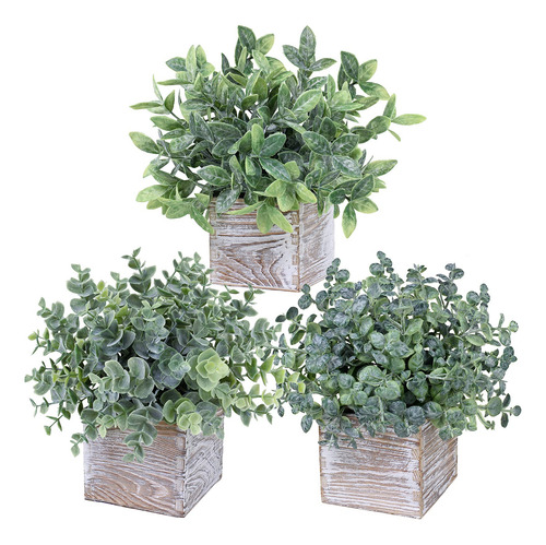 Planta Artificial Eucalipto Con Maceta Madera Cuadrada 3 Pz