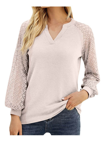 Blusa Tipo Camisa De Retazos De Encaje Liso Con Cuello En V