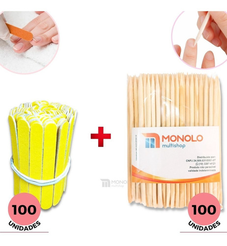 Kit 100 Lixas De Unha Mini + 100 Palitos Manicure Pedicure Cor Canário