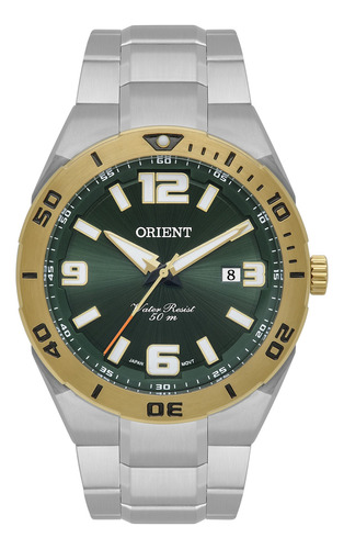 Relógio Orient Masculino Misto Dourado Verde Mtss1122 Aço Correia Prata Fundo Verde-escuro