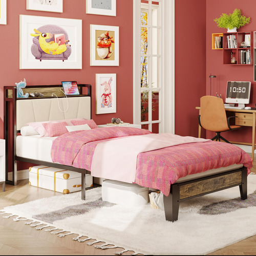 Base De Cama Individual Xl Con Cabecera Y Carga Usb Nogal Be