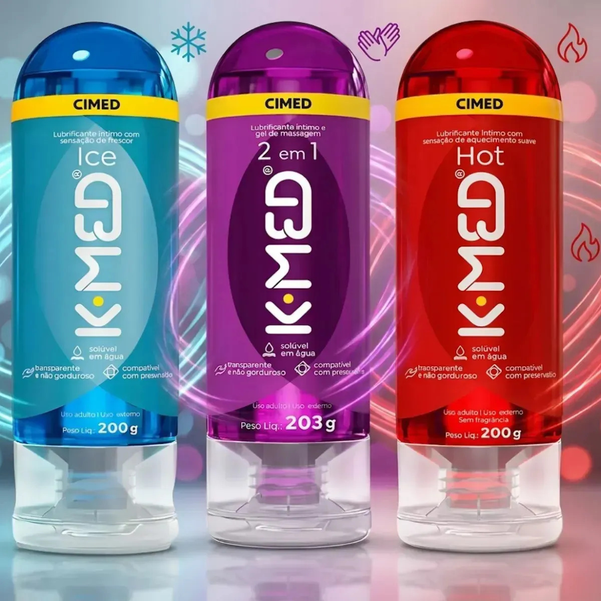 Kit Gel Lubrificante Íntimo K-Med com 3 Unidades: Neutro, Ice e Hot