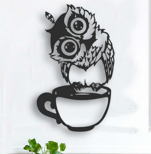 Cuadro Buho Taza Decorativo Madera Calada 60x35 Cm