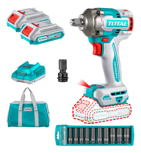 Taladro Pistola Llave Impacto 20v 2bat+ Carg+ Dados Total