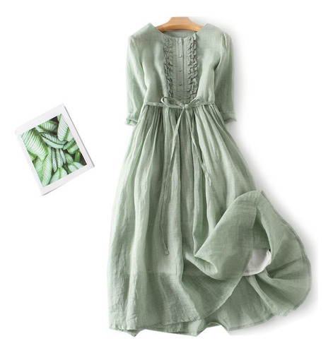 Vestido Vintage De Mujer Algodón Y Lino Con Cuello Redondo