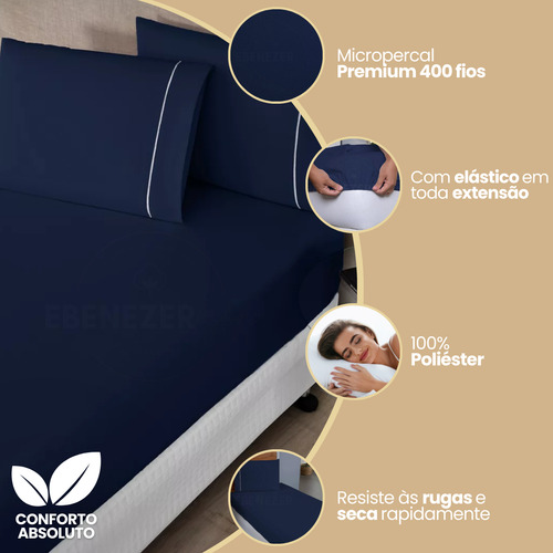 Lençol Solteiro Padrão Com Fronha Ponto Palito 400 Fios Macio C/ Elástico 2 Peças Azul Marinho Premium