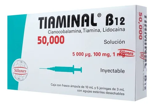 comprar Tiaminal B12 50,000 Solución Inyectable, 1 Frasco Ámpula 10 Ml + 5 Jeringas 3 Ml