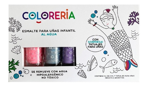 Set X3 Esmalte Infantil + Tatuajes Al Agua Lavable Coloreria