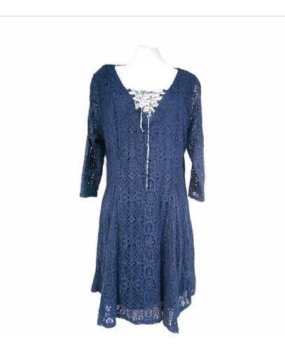 Vestido De Encaje Tipo Crochet Azul Marino Escote V Curvy