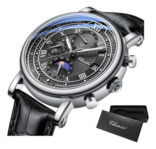 Relojes Chenxi Leather Business Moon Phase Para Hombre Color Del Bisel Silver Black