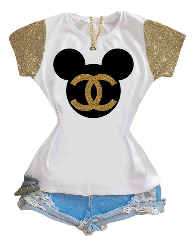 Blusa Feminina T-shirt Branca Mickey Chanel